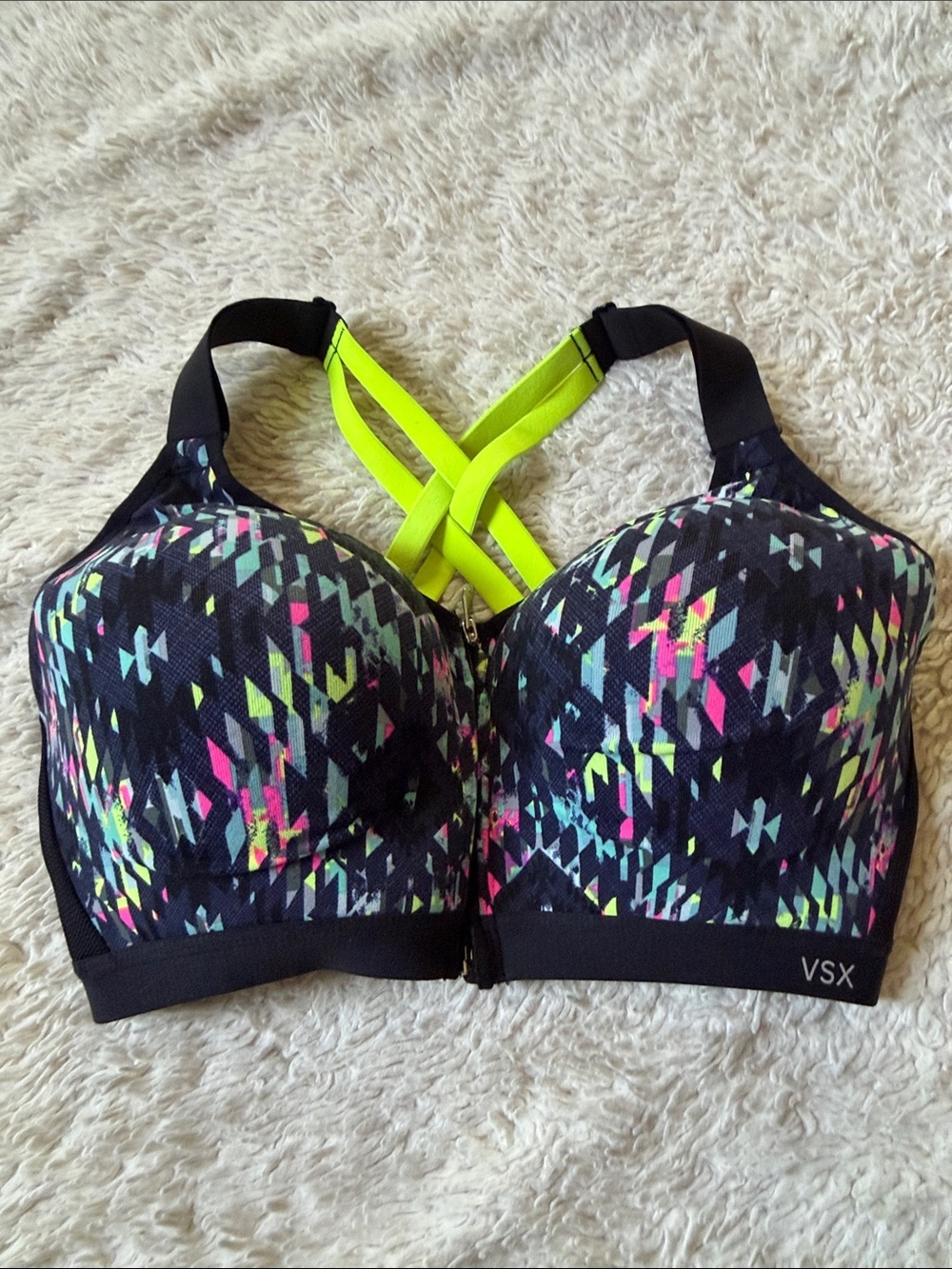 VSX Black Sports Bra with Neon Yellow Straps size 34DDD